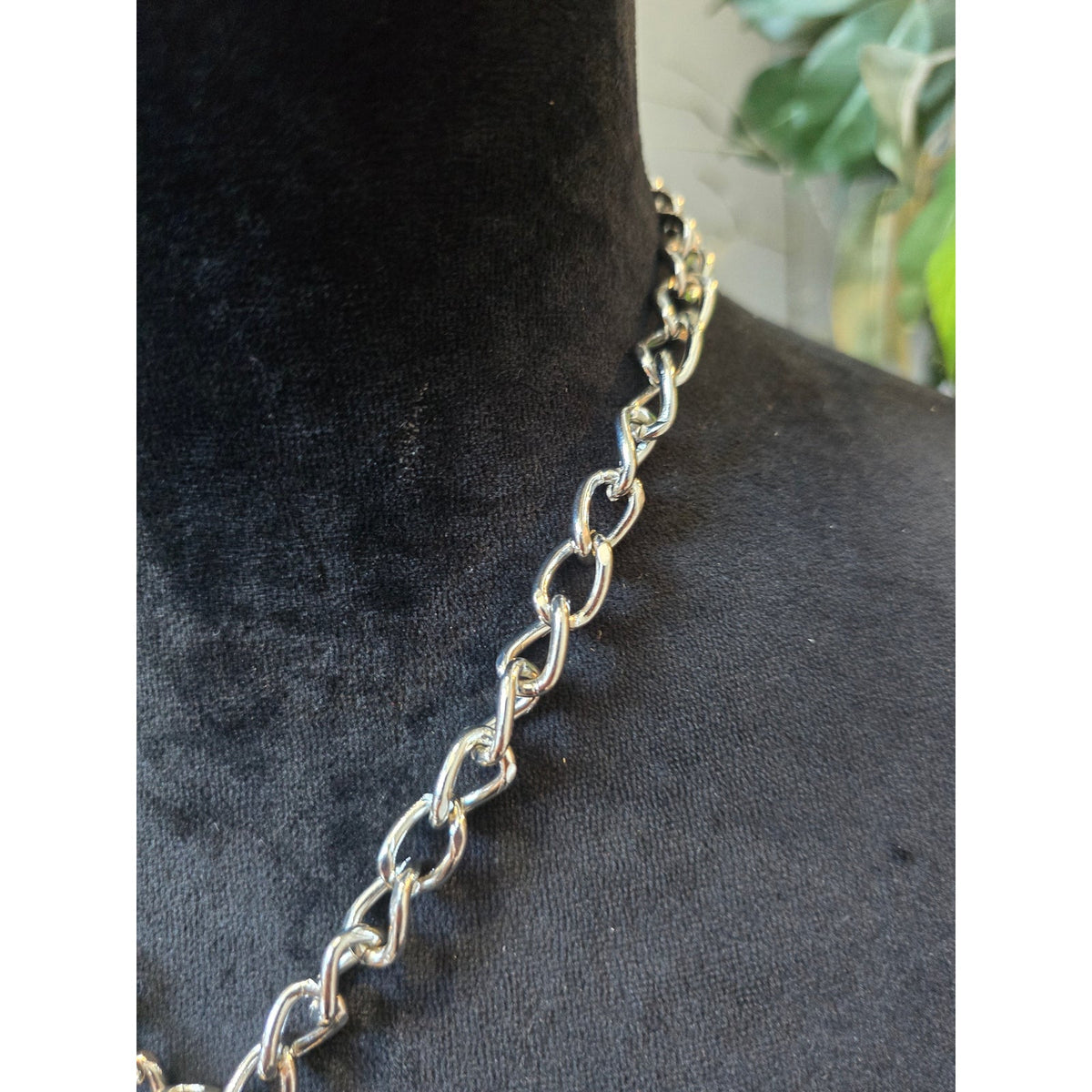 Silver Tone Ornate Cross Pendant with Central Coral Stone Link Chain Necklace
