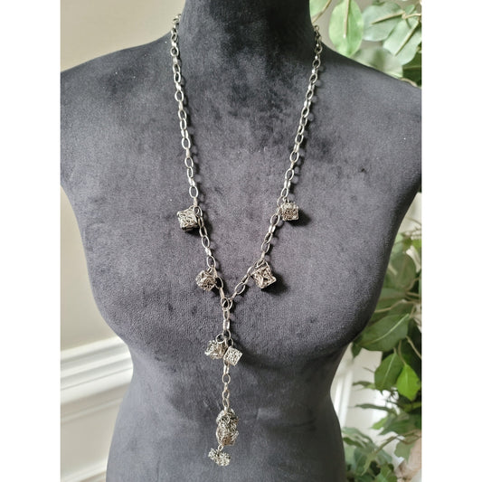 Women's Handmade Silver Chain Necklace With Wire Cube Charms Statement Jewelry