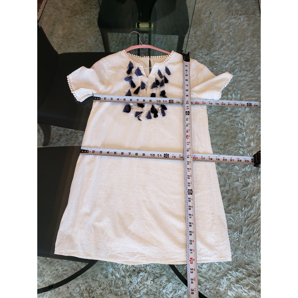 Fashion Port Shift Dress Women Medium White Contrast Tassel V Neck Short Sleeve