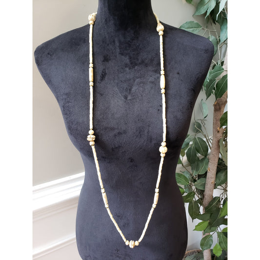 Women's Long Cream Carved Bead Tribal Boho Necklace No Clasp Stretch Strand