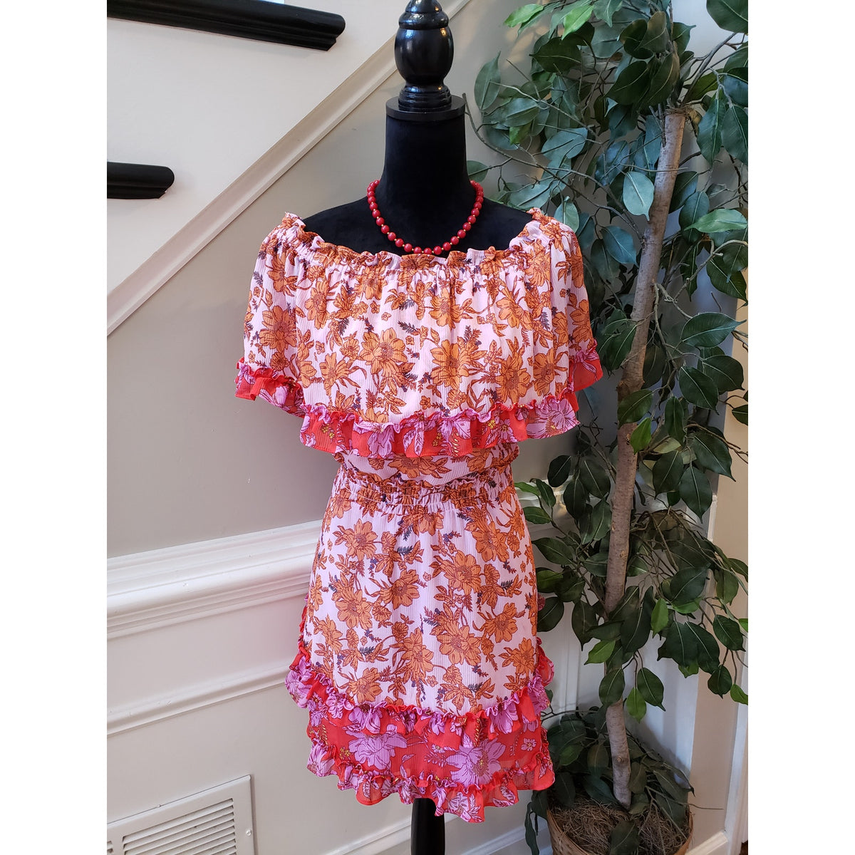 Jessica Simpson Mini Dress Women M Pink Orange Floral Ruffle Off The Shoulder
