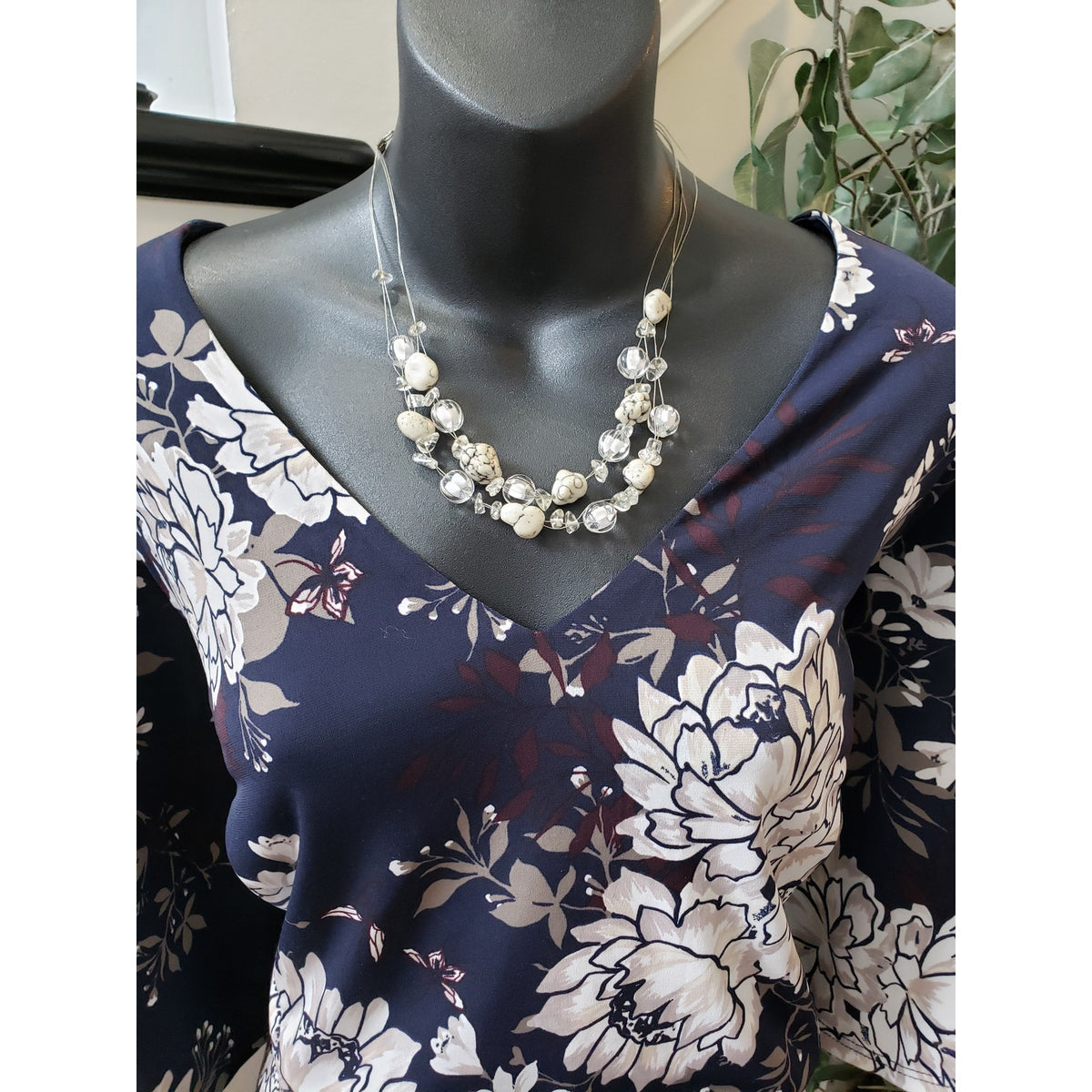 Charter Club Dress Women 1X Navy Blue Floral Belted Stretchy Midi V Neck