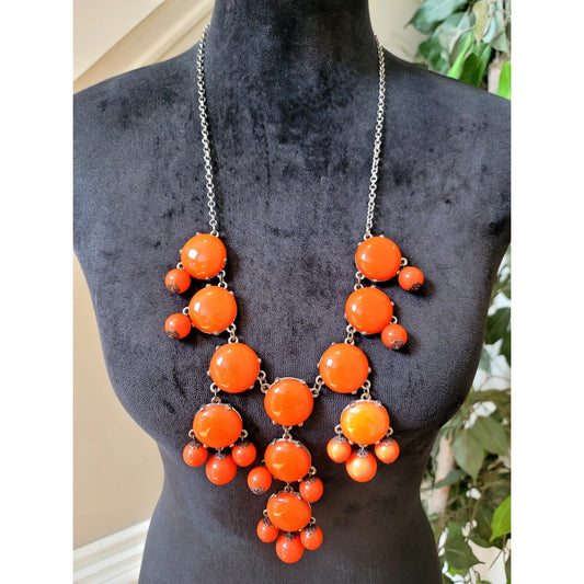 Orange Bubble Bead Statement Necklace Chunky Bib Gold Tone Fashion Jewelry