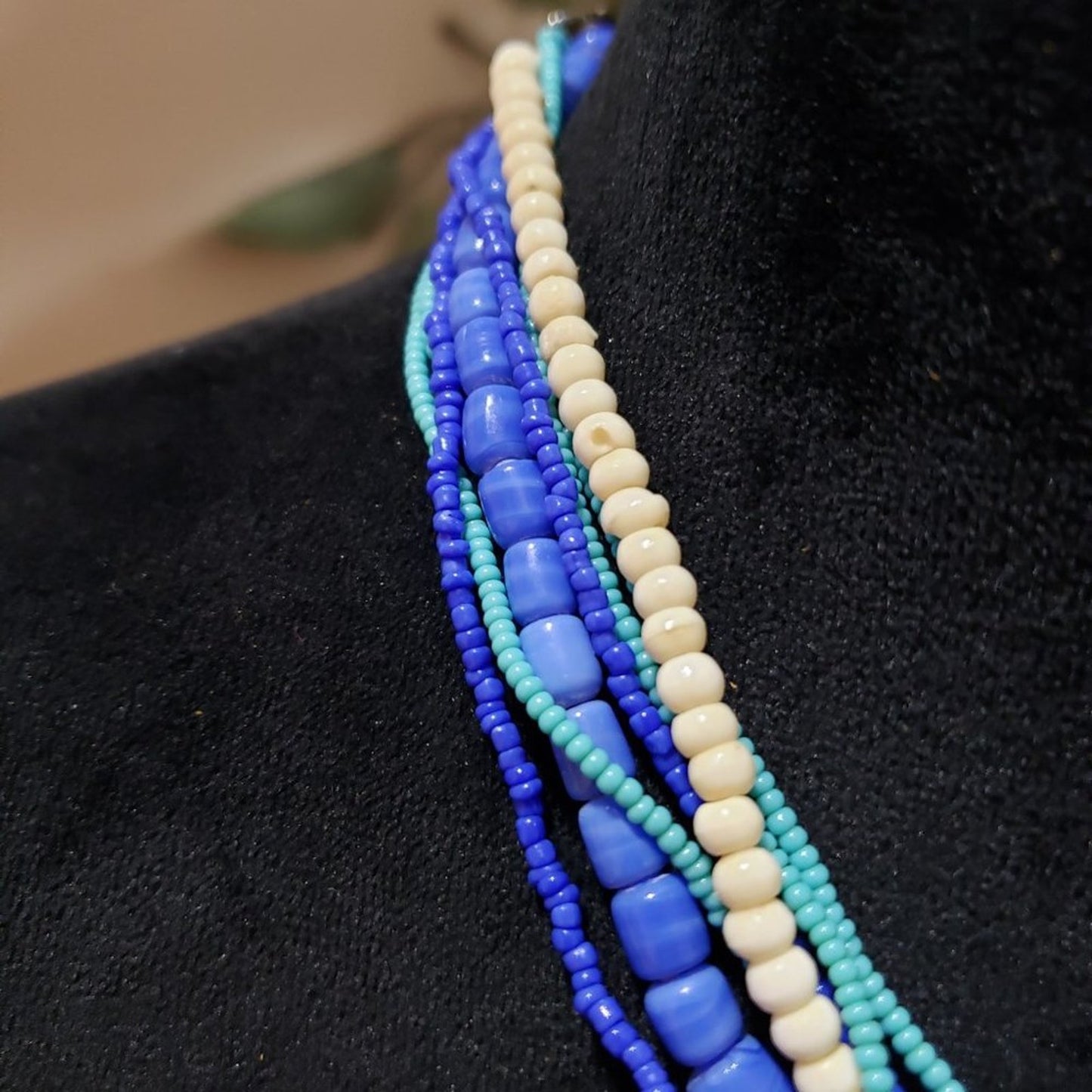 Womens Fashion Seed Bead Lapislazuli Multi Strand Collar Necklace Lobster Clasp