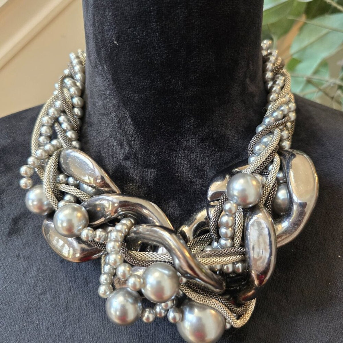 Women Silver Tone Imitation Pearl Multi Strand Braided Necklace w/ Lobster Clasp