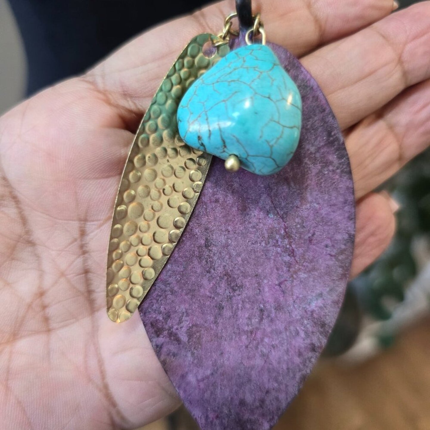Chico's Green Turquoise Purple Opal Leaf Pendant Necklace w/ Lobster Clasp
