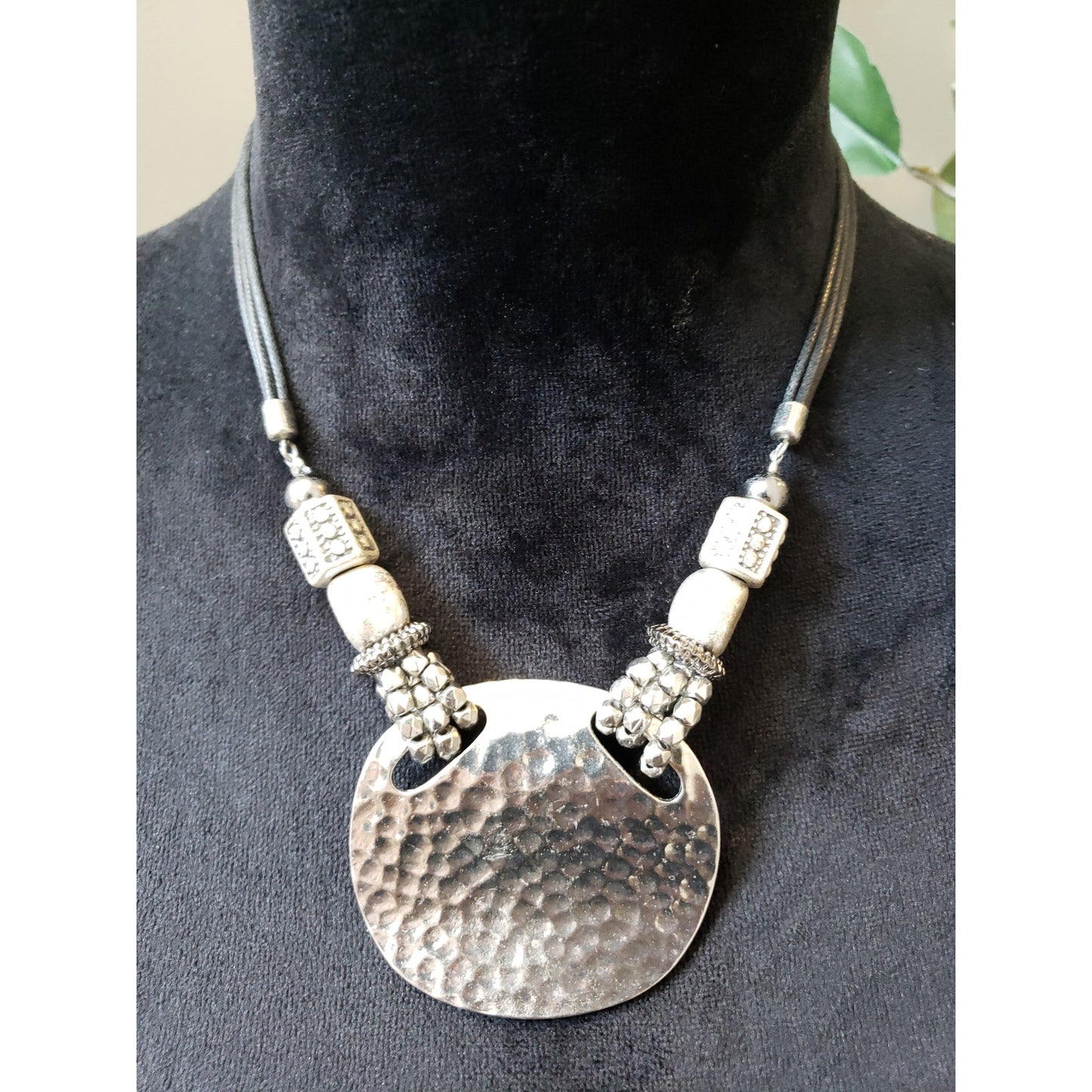 Women's Hammered Silver Tone Pendant Necklace Beaded Lobster Clasp Boho