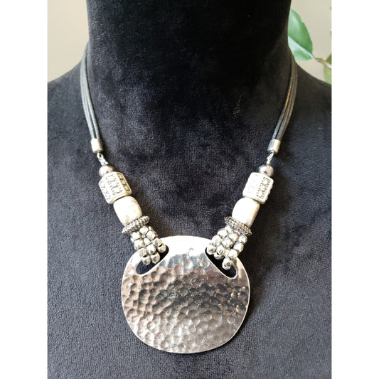 Women's Hammered Silver Tone Pendant Necklace Beaded Lobster Clasp Boho