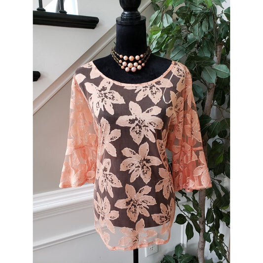 New Directions Women Peach Floral Rayon Round Neck 3/4 Sleeve Top Blouse Size 3X