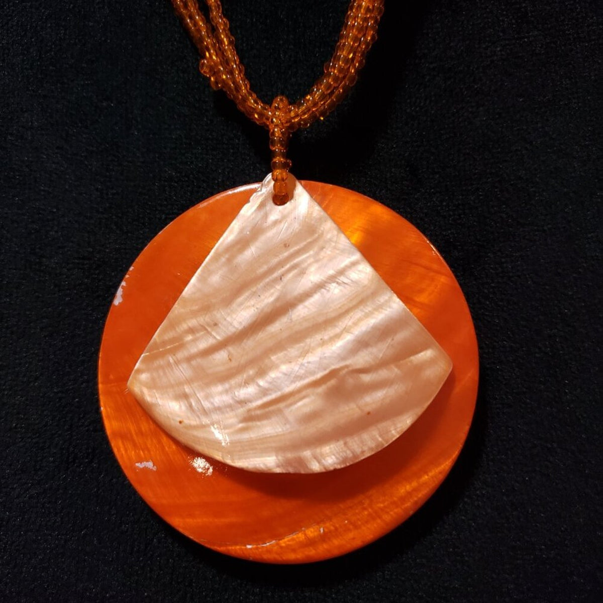 Vintage Beaded Orange Mother of Pearl Shell Round Pendant Necklace Lobster Clasp