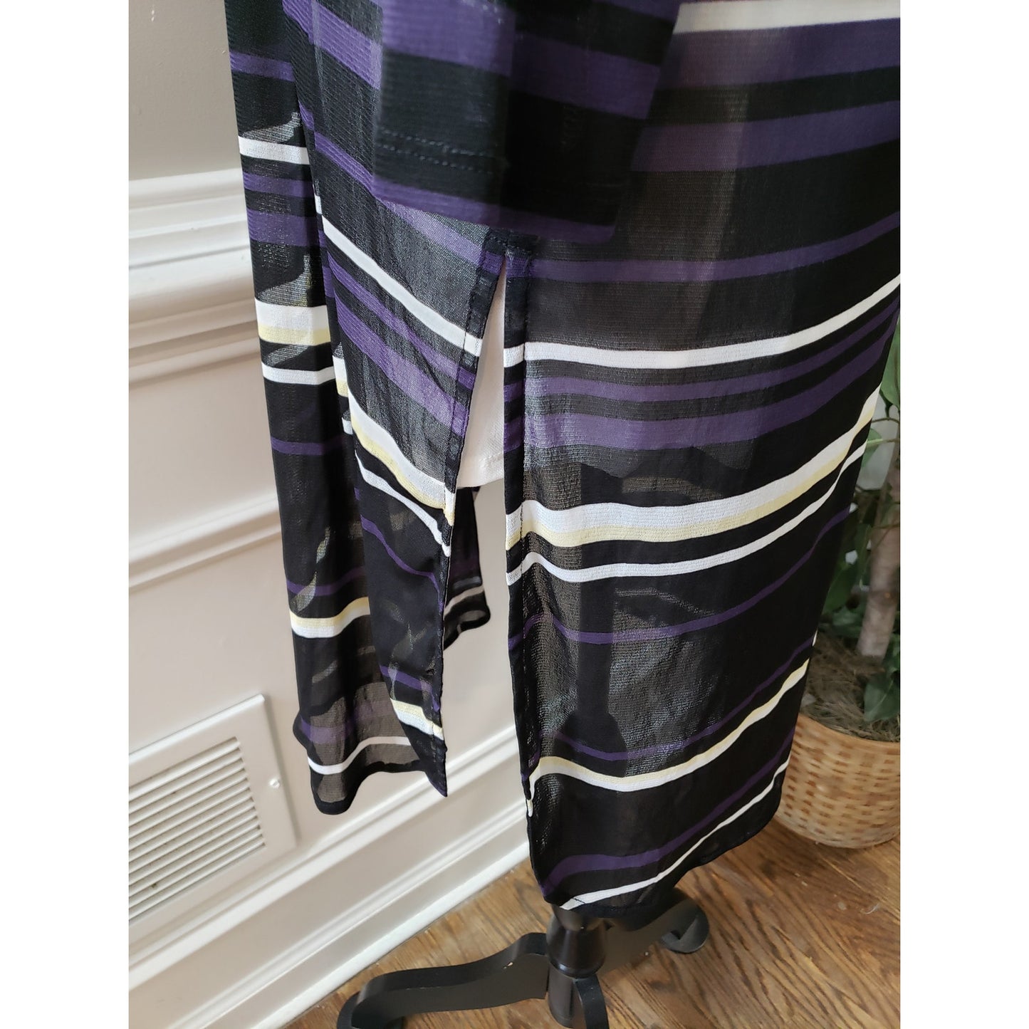 Alfani Top Blouse Women's Size XL White & Purple Striped Long Sleeve Round Neck