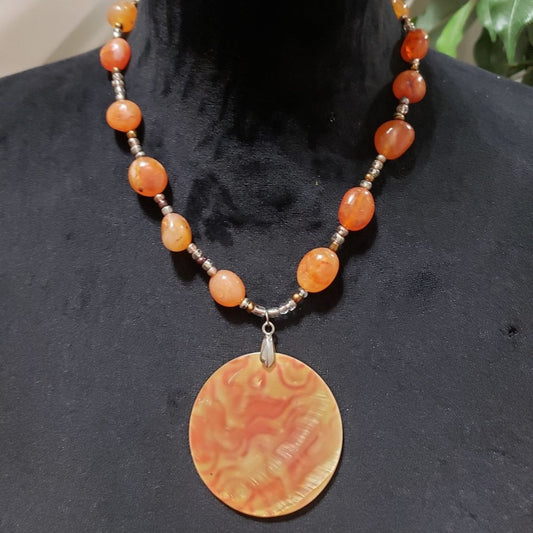 Womens Fashion Beaded Big Stone Disc Pendant Collar Necklace with Toggle Clasp