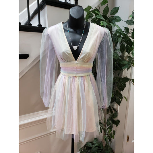 Double Crazy Women Multi Rainbow Tulle Ruffle Mesh Deep V Neck Mini Dress Size S