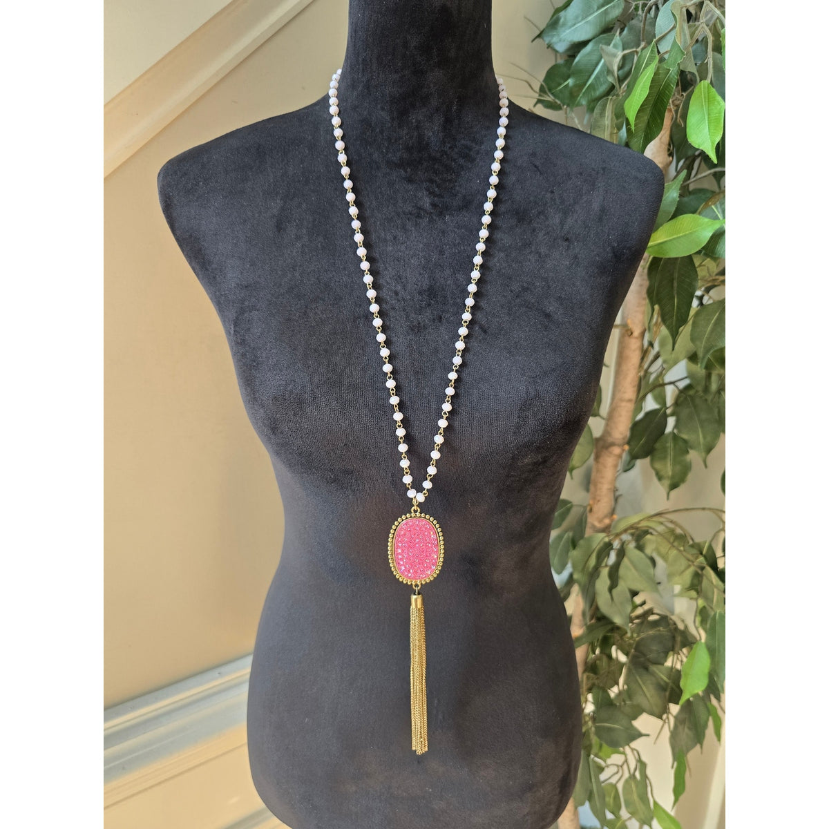 Long Pink Beaded Tassel Pendant Necklace Rhinestone Statement Fashion Jewelry