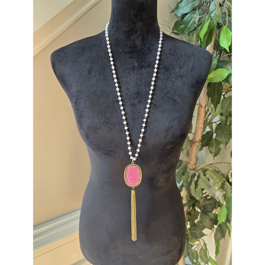 Long Pink Beaded Tassel Pendant Necklace Rhinestone Statement Fashion Jewelry