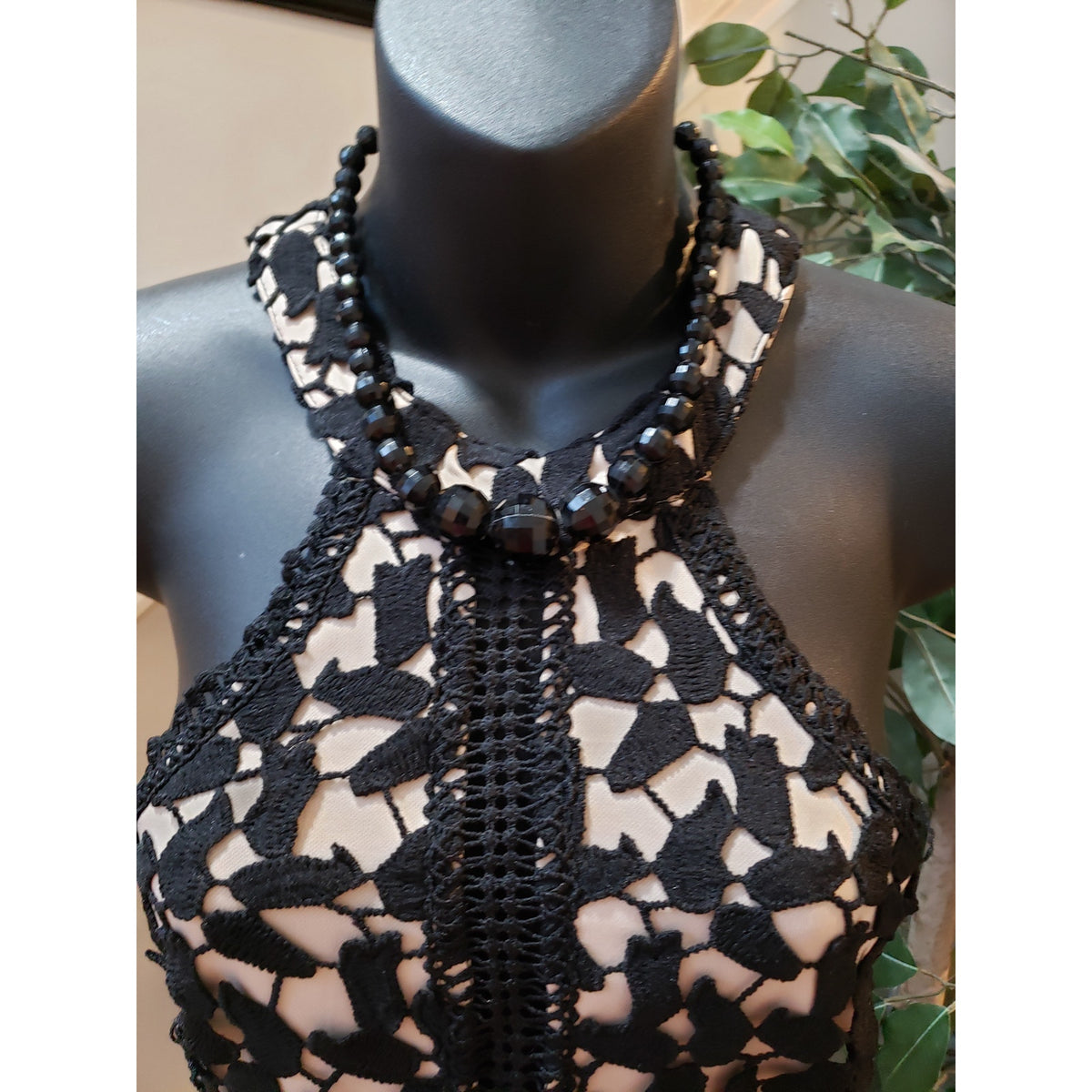 Depri A Line Dress Womens Large Beige Black Lace Overlay Halter Neck Racerback