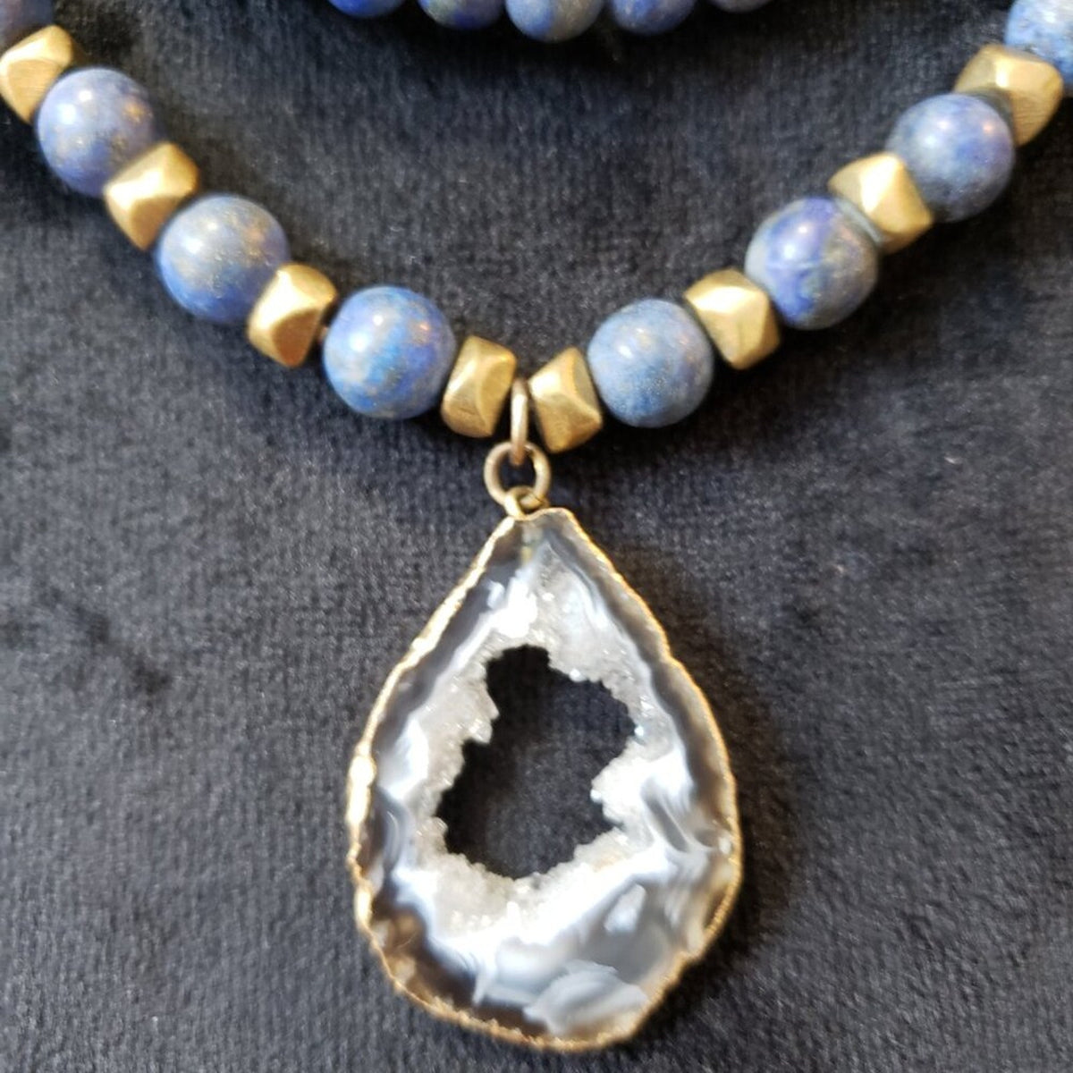 Womens Fashion Blue & Gold Tone Beaded Pendant Necklace with Lobster Clasp