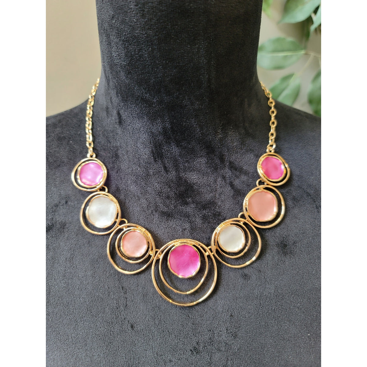 Women's Gold Chain Statement Necklace With Pink White And Peach Resin Circles