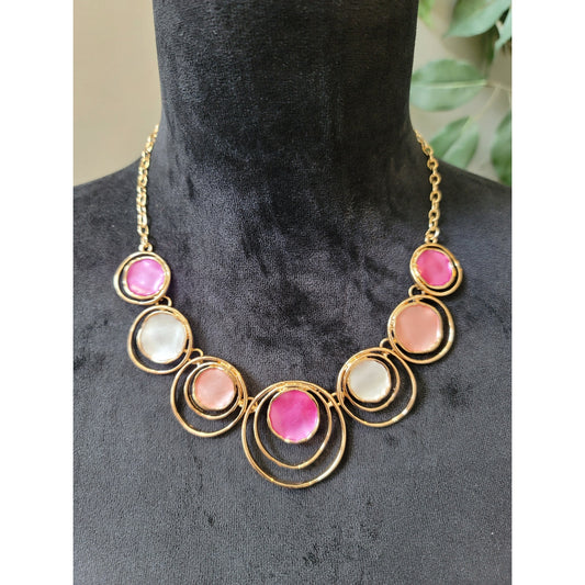 Women's Gold Chain Statement Necklace With Pink White And Peach Resin Circles