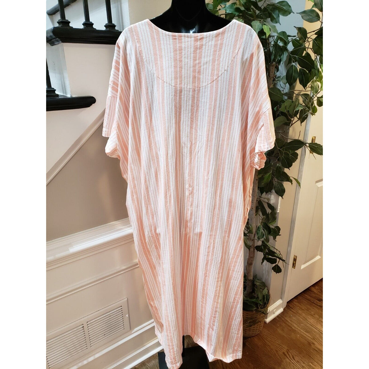 Stan Herman Women White Orange Striped Split Neck Long Sleeve Long Maxi Dress 3X