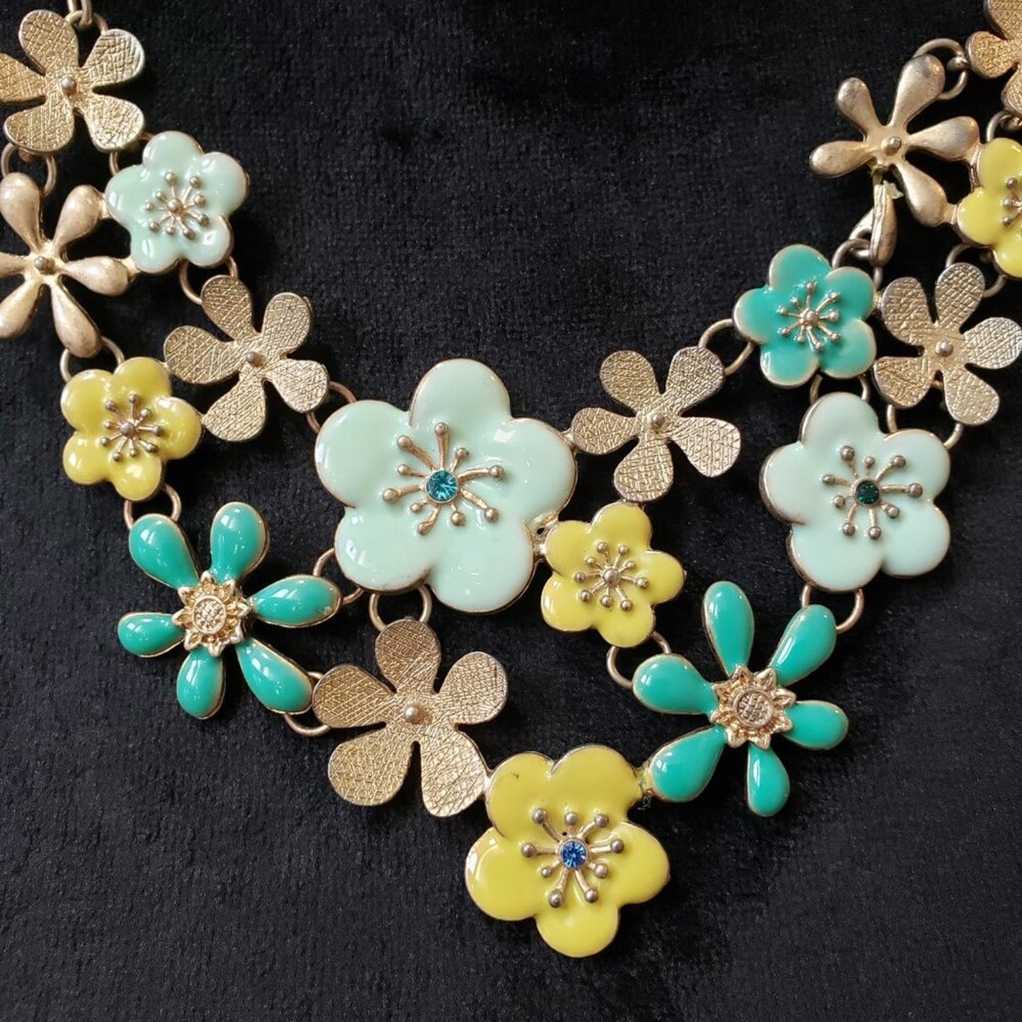 Womens Blue Yellow Rhinestone Floral Bib Necklace Jewelry with Lobster Clasp
