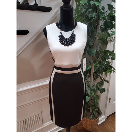 Calvin Klein Womens White & Black Round Neck Sleeveless Knee Length Dress 10