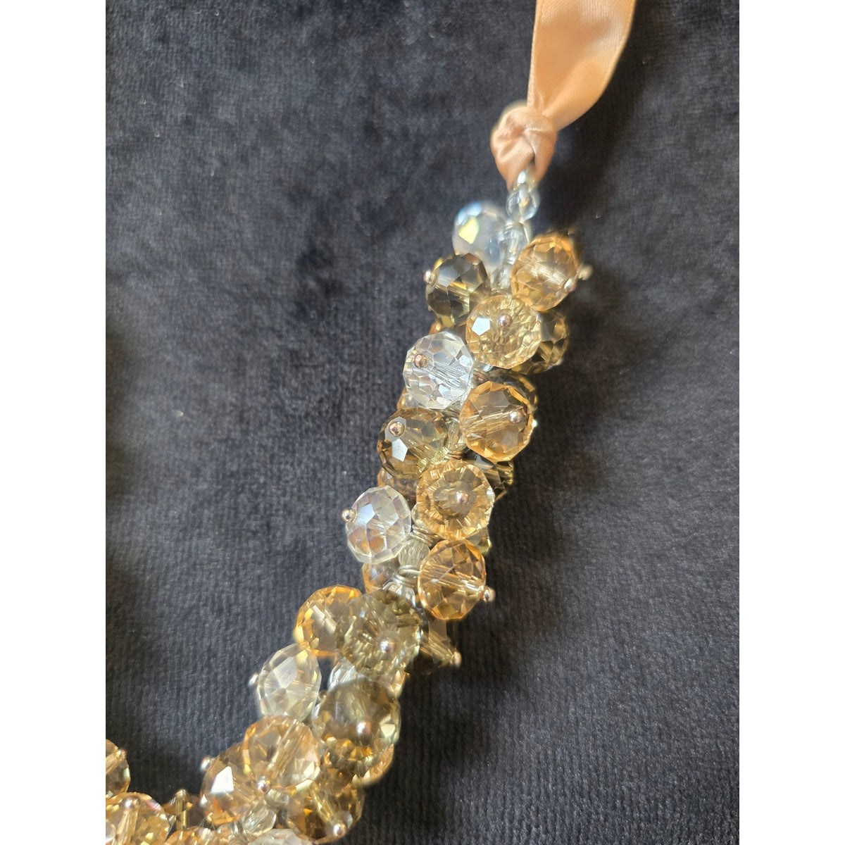 Gold Tone Crystal Beaded Ribbon Statement Necklace