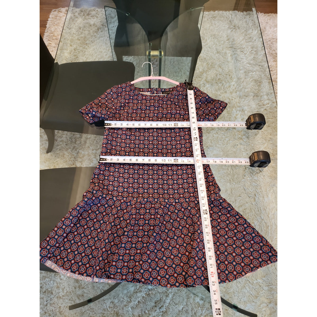 Banana Republic Dress Womens 4 Blue Red Geometric Fit Flare Short Sleeve