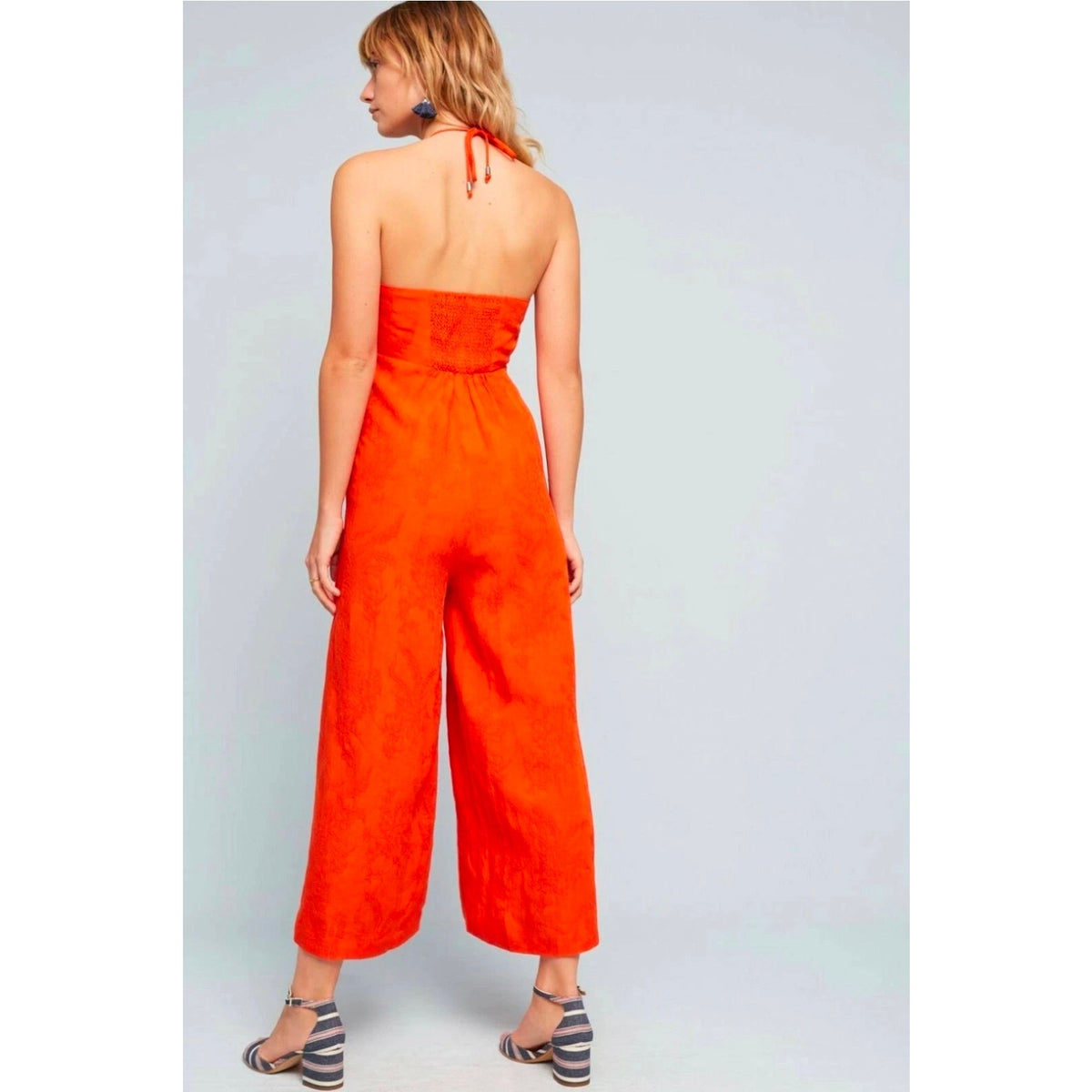 Anthropologie Elevenses Jumpsuit Women's Size US 8 Orange Halter Wide Leg Romper