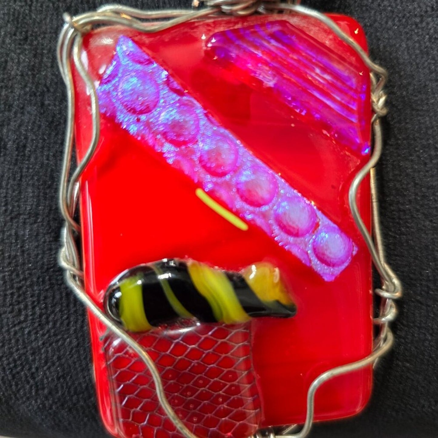Womens Red Dichroic Dangling Square Pendant Necklace Jewelry with Lobster Clasp