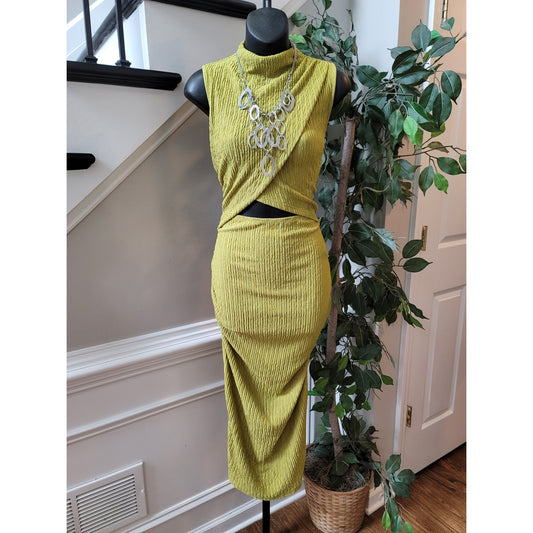 SHEIN Dress Women L Yellow Sleeveless Crinkle Ruched Midi Bodycon Chic