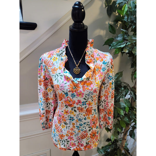 Crown & Ivy Floral Print Top Women's Small Multicolor Split Neck Bracelet Sleeve