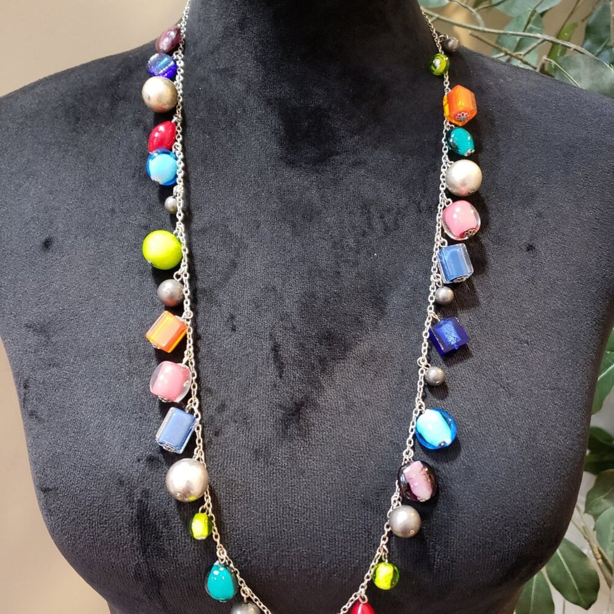 Women Silver Tone Multicolour & Shape Glass Necklace Jewelry w/ Lobster