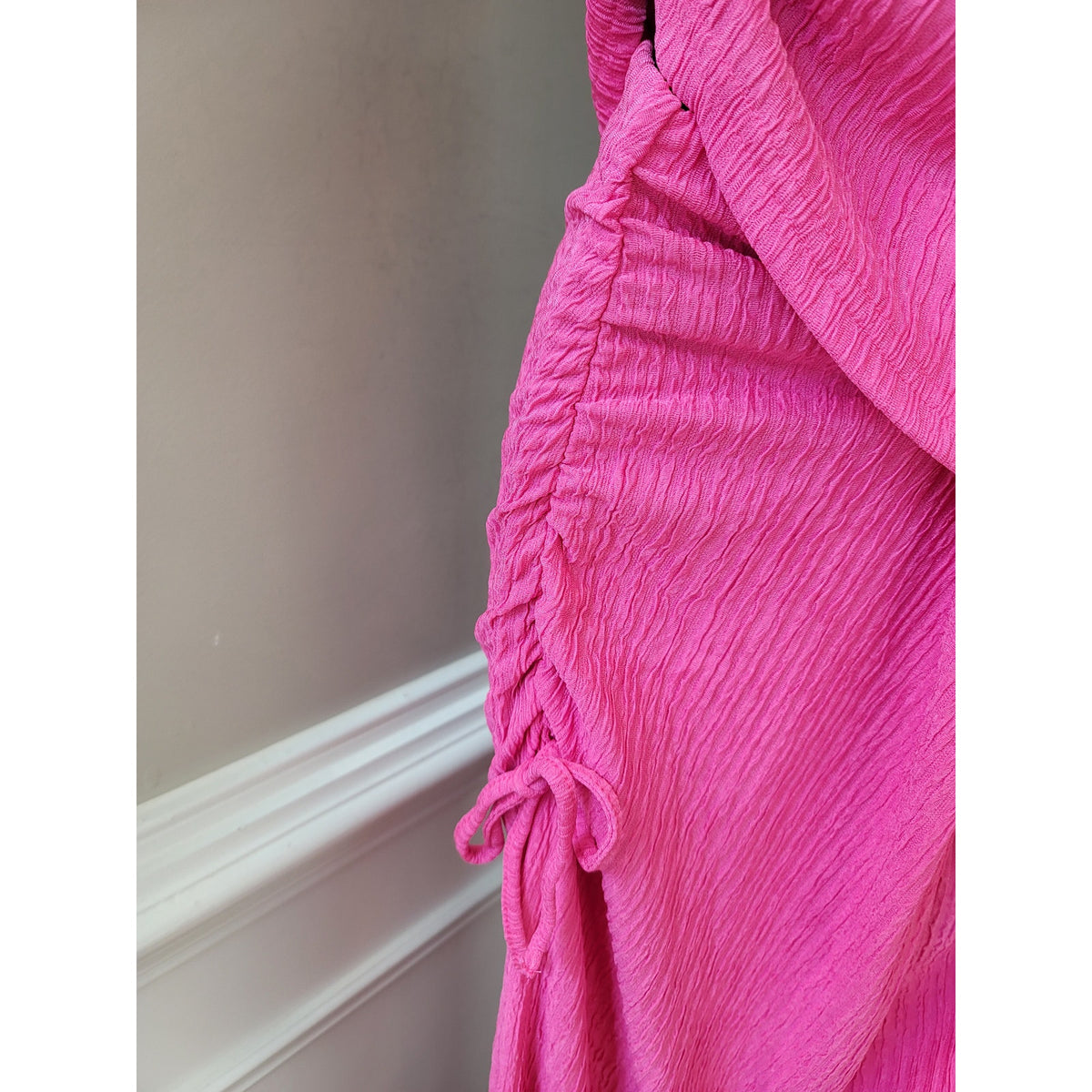 Two-Piece Dress Women's SZ XL Pink Ruched Cowl Neck Cap Sleeve Drawstring Tie