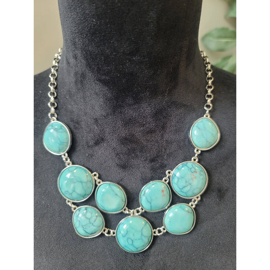 Women's Statement Turquoise Necklace Silver Tone Lobster Clasp Chunky Jewelry
