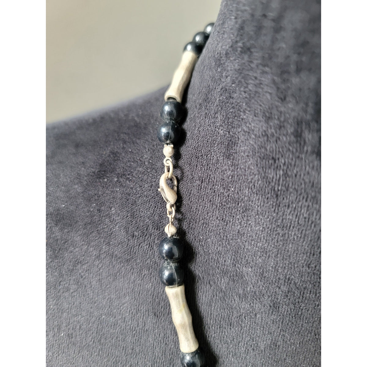 Women's Black Beaded Necklace With Round Silver Pendant And Lobster Clasp Lock
