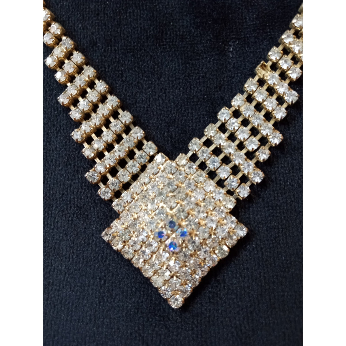 Vintage Gold Tone Rhinestone V-Shaped Statement Necklace Bridal Evening Glam