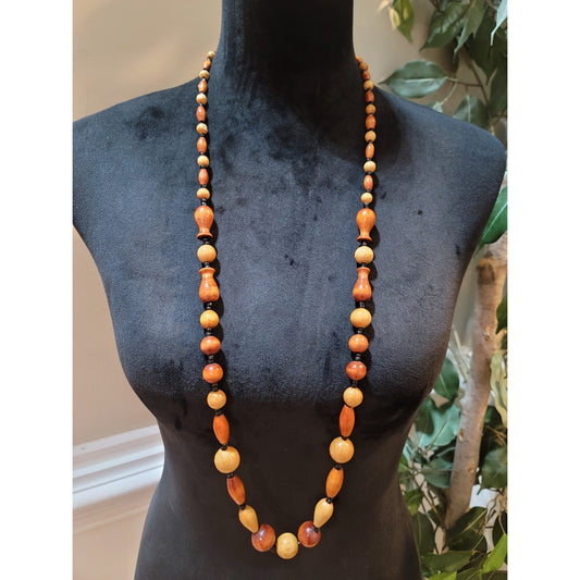 Women's Handmade Wood Beaded Necklace Natural Brown Round Long Jewelry Gift