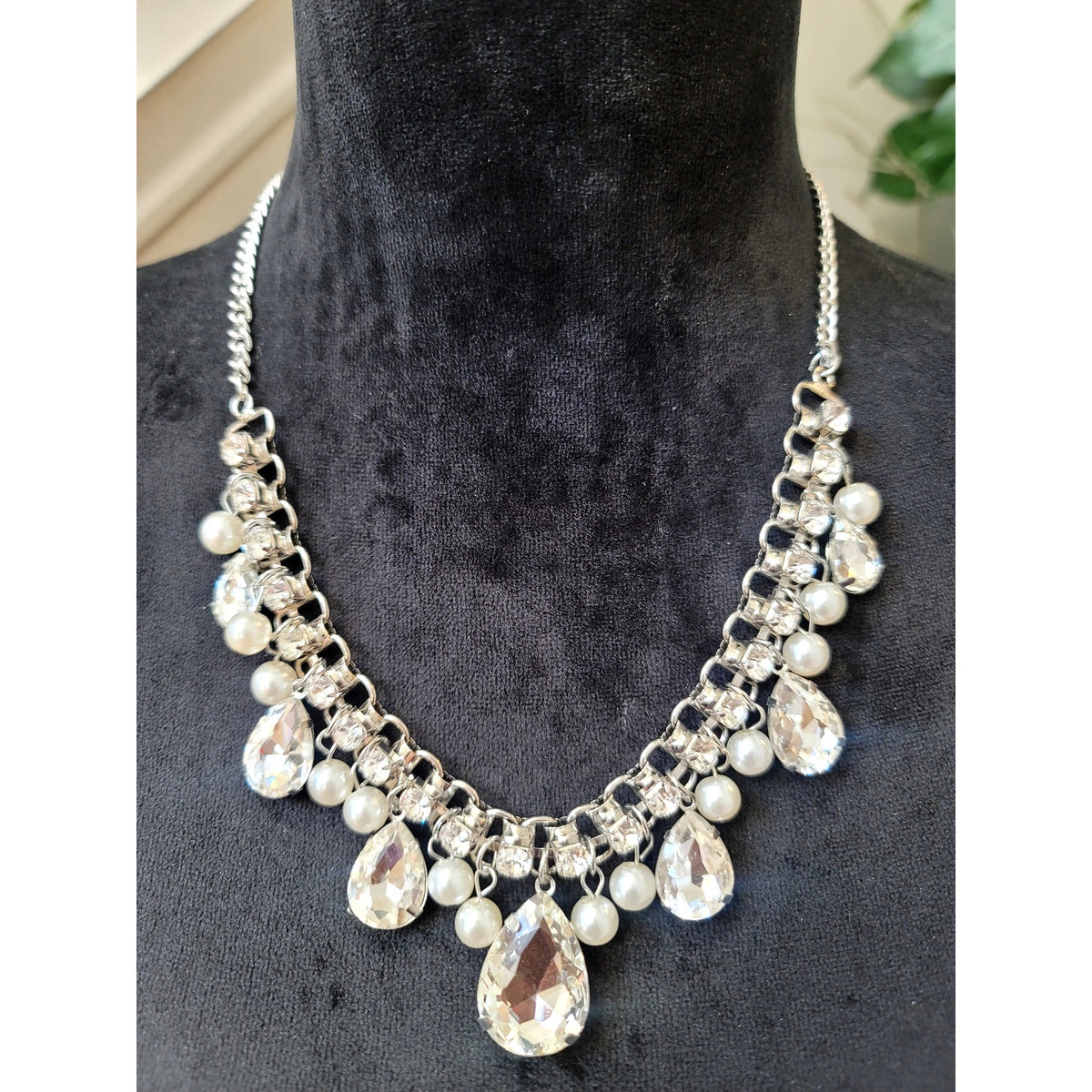 Silver Tone Crystal Teardrop Faux Pearl Statement Necklace Bridal Bib Wedding