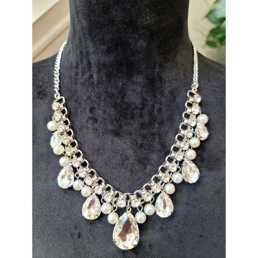 Silver Tone Crystal Teardrop Faux Pearl Statement Necklace Bridal Bib Wedding