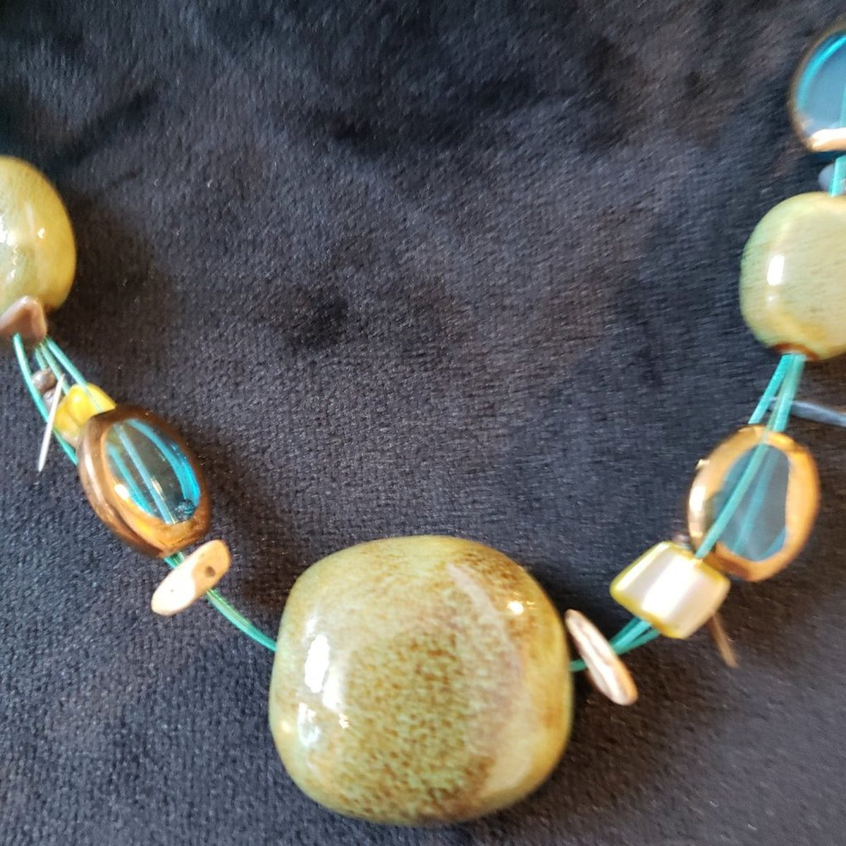Womens Blue Green Ceramic Glass Wood Shell Collar Necklace with Lobster Clasp