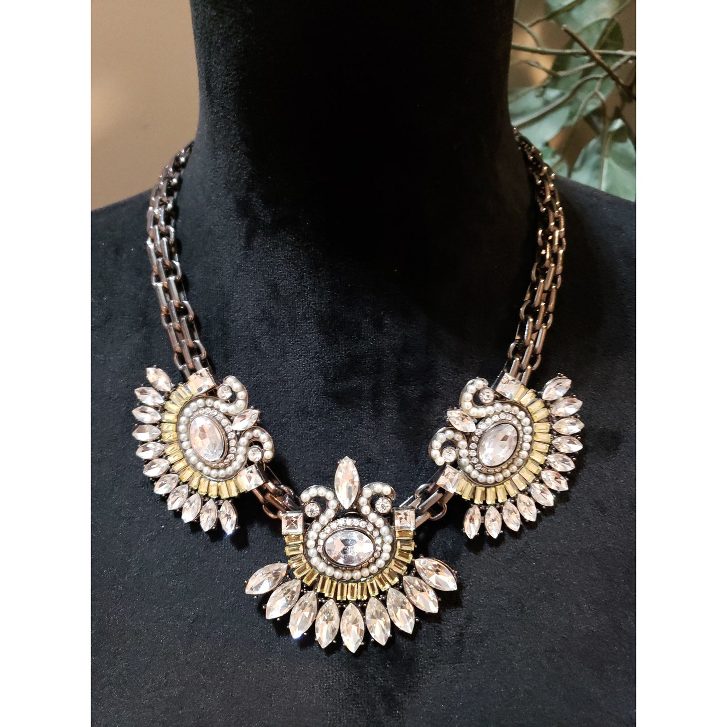 Womens Faux Pearls with Prong Set Crystals Floral Statement Necklace Jewelry