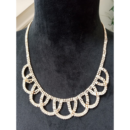Gold Tone Rhinestone Scallop Statement Necklace Vintage Bridal Bib Collar Glam