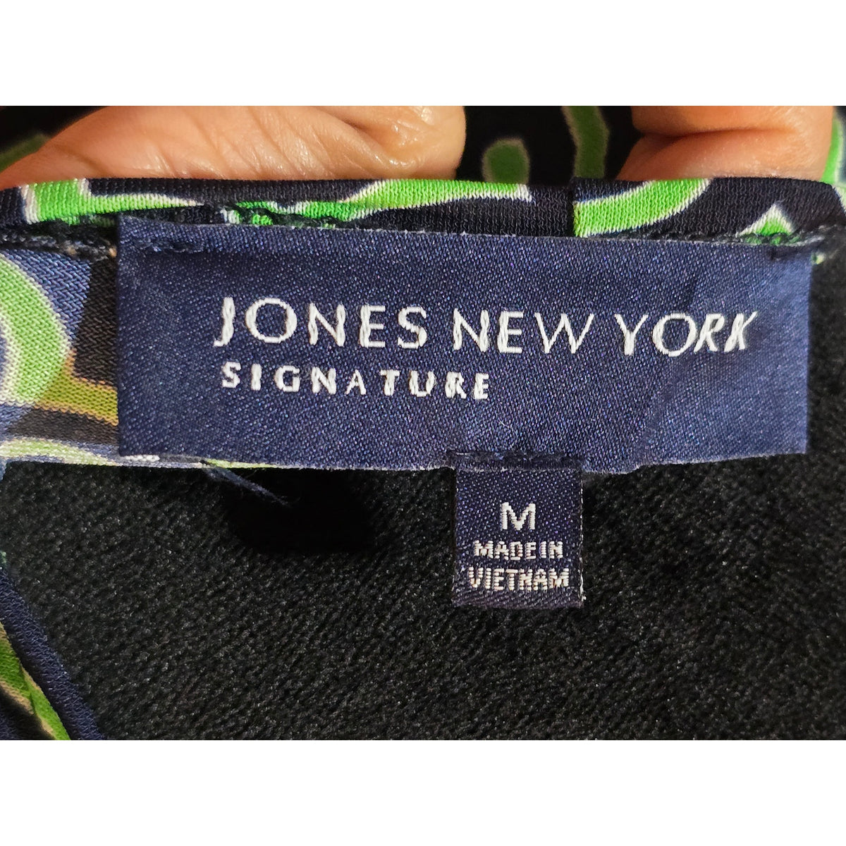 Jones New York Midi Dress Women's Medium Green/Black Geometric Faux Wrap V Neck