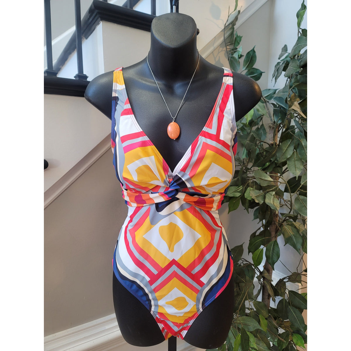 Cover Up Set Women's Large Multicolor Geometric Mesh Wrap Padded Bra Twist Knot