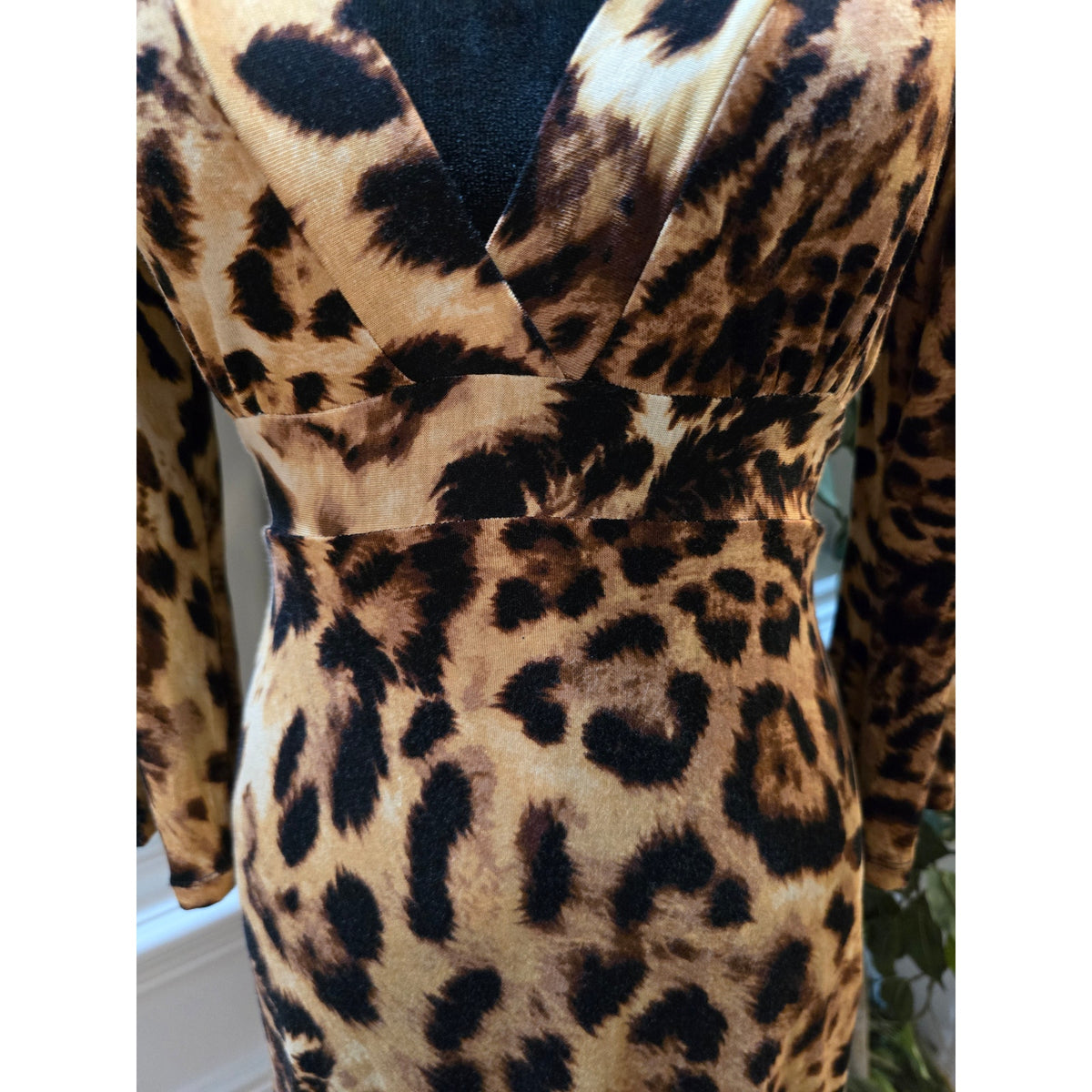 Debbie Katz Leopard Print Dress Women's Medium Brown Black V-Neck Long Sleeves