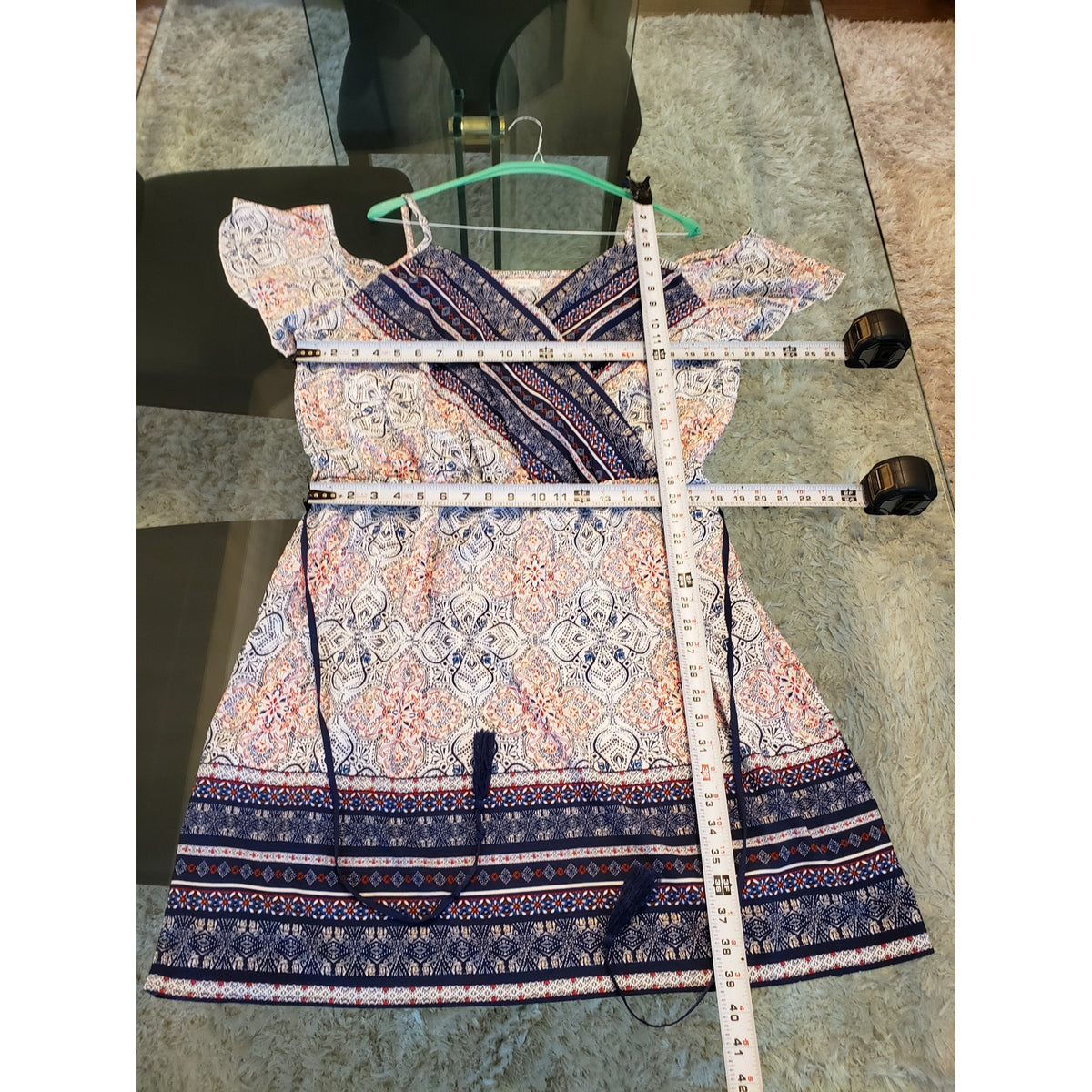 Maurices Dress Women Size X-L Blue Pink Boho Cold Shoulder Wrap Belted