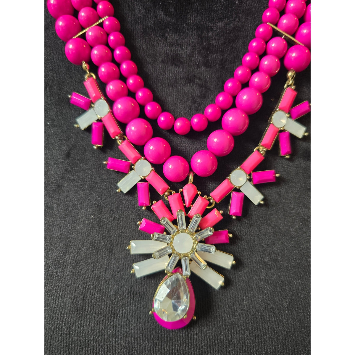 Hot Pink Fuchsia Multistrand Beaded Rhinestone Starburst Pendant Necklace