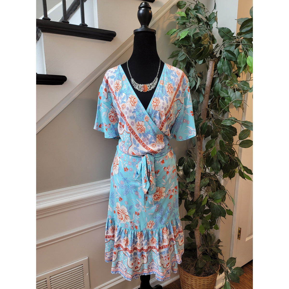 Zesica Dress Womens XL Blue Floral Wrap Short Sleeve Boho Midi Summer Rayon