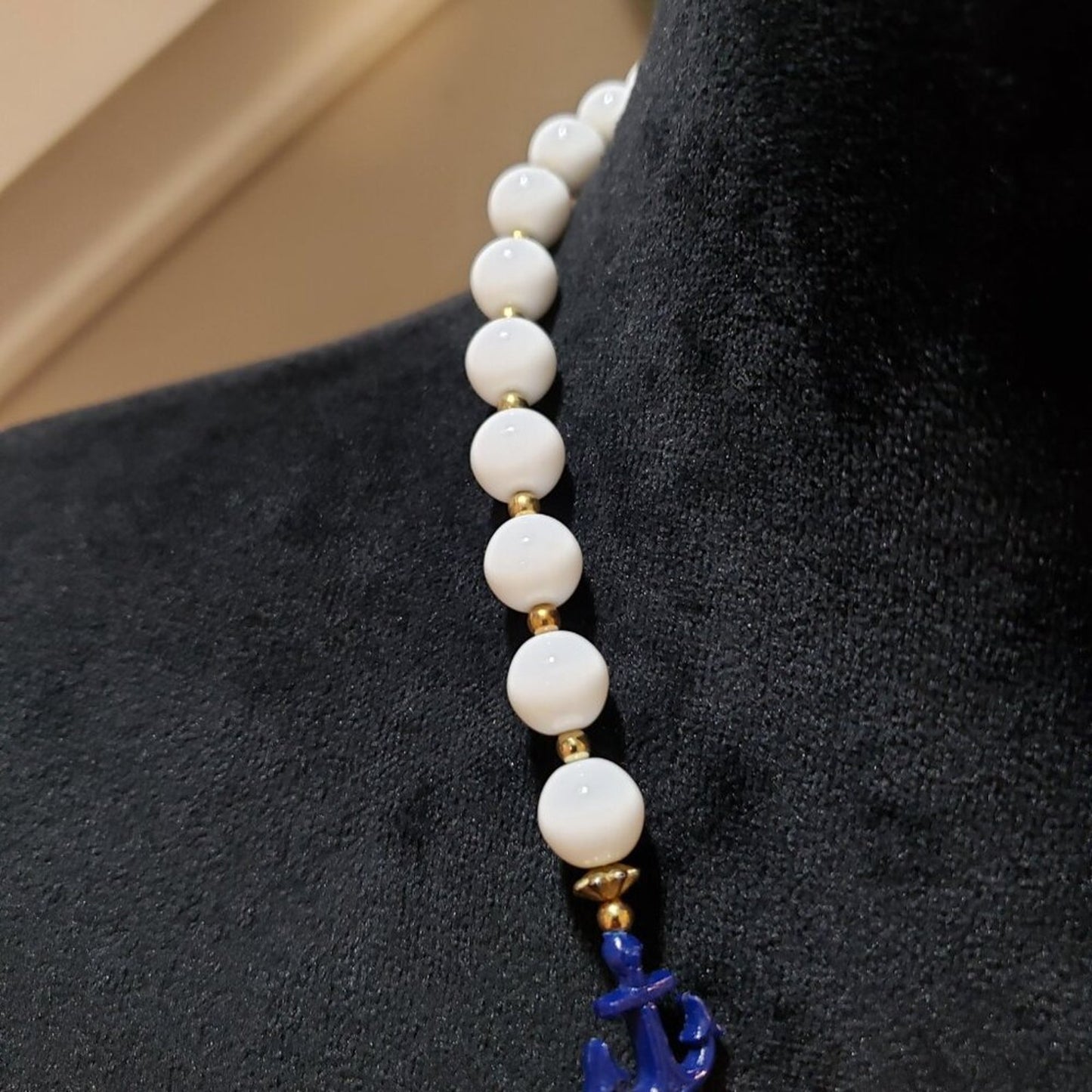 Womens Fashion White Pearl Blue Bead & Anchor Collar Necklace with Barrel Clasp